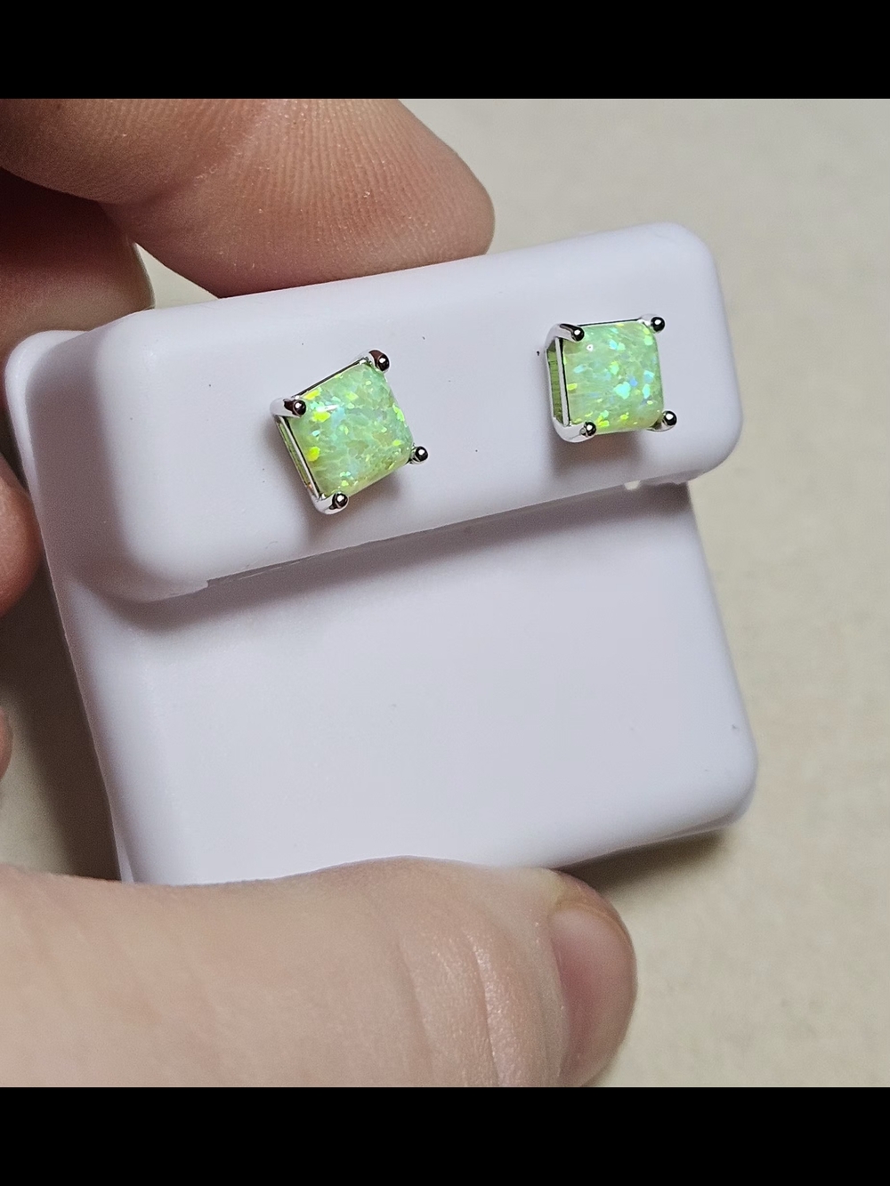 Green Natural Opal Square Stud Earrings - 925 Sterling Silver - Picture 11 of 11